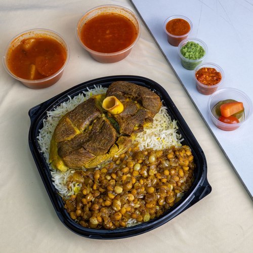 Machboos Meat - Arabic lamp fresh cook with basmati rice rose water presents both doqoos potatoes sauce red mabouch red and green