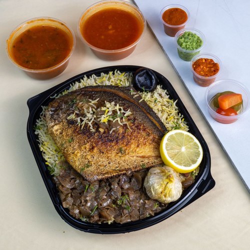 Motabak Zobaide - fish zbaydee fresh Mixd seasoning fried cook with basmati rice with roes water dqous fish sauce Mabouch green red Agar