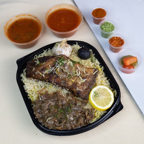 Motabak Hamoor - fish hamuor fresh Mixed seasoning fried cook with basmati rice with roes water dqous fish sauce Mabouch green red Agar