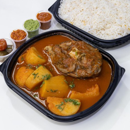 Maraq vegetable lamb - potatoes carrots pumpkin cooked fresh Arabic lamp with tomato sauce seasoning progress with white rice
