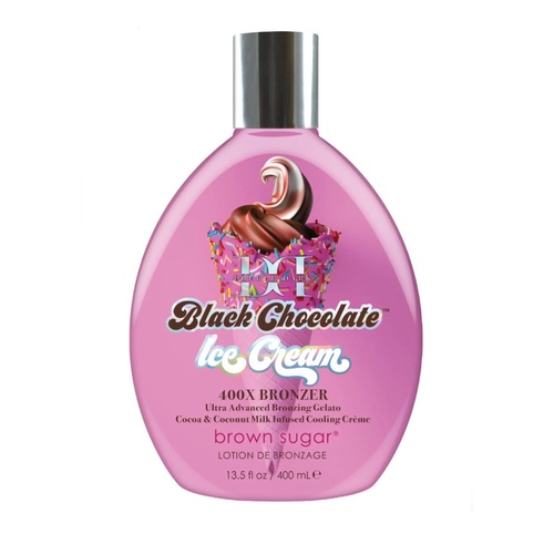 دبل دارك ايس كريم جوكلت ٤٠٠ - 400X Double Dark Black Chocolate Bronzers are the perfect recipe for your darkest tan yet A super rich Cocoa, Coconut, & Avocado butter blend conditions for a perfect base Caramel & Carrot Oil infusion gives your remarkable colour depth Super-Silicones practically melt into skin for a super soft application A Coconut Milk cool cream gives your skin the slightest cool to keep it fresh-n-fineFragrance: Iced Coconut Cake