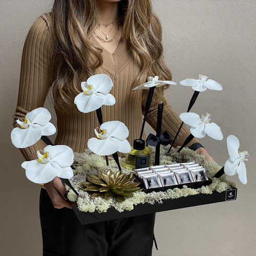 Flying Orchids - An arrangement of flying orchids in a black tray with 140ml rose code diffuser from 24 Fragrance and chocolates 
 L 40cm*Flower kind and color may slightly
differ based on availability.