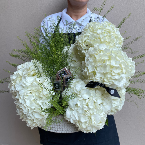 Fleurette - White Clouds - An arrangement of white hydrangeas with chocolates in a concrete vase*Flower kind and color may slightly
differ based on availability.