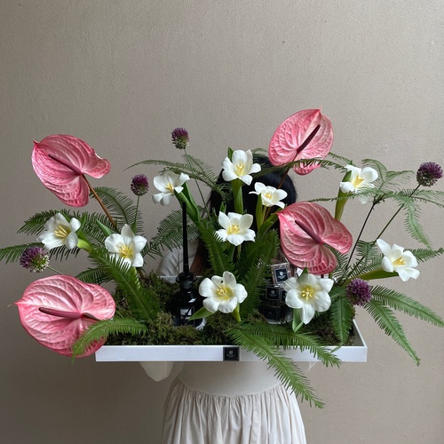 Aloha to you II - An arrangement of flowers with 24Fragrance diffuser and chocolates in a big white tray *Flower kind and color may slightly differ based on availability.