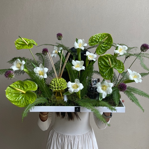 Alooha too - An arrangement of flowers with your choice of Riccio Caprese diffuser and chocolates in a big white tray. *Flower kind and color may slightly differ based on availability.