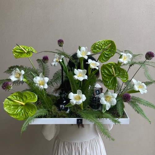 Alooha too II - An arrangement of flowers with 24 Fragrance diffuser and chocolates in a big white tray. *Flowers kind and color may slightly differ based on availability.