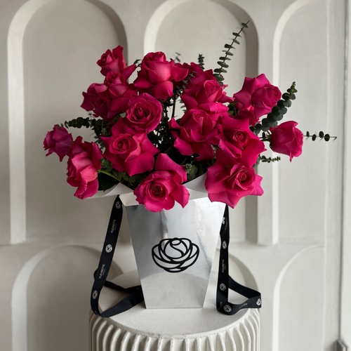 Hot Pink - Roses and eucalyptus beautifully arranged in our signature large metallic bag