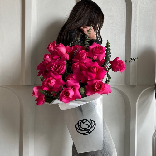 Hot Pink - Roses and eucalyptus beautifully arranged in our signature large metallic bag