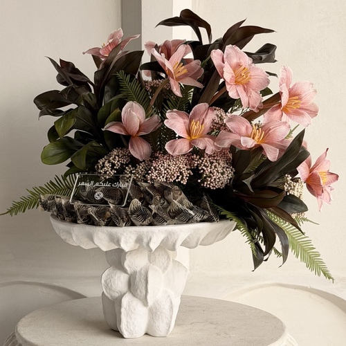 Neqsat Albaraka - A decorative ceramic white stand decorated with flowers and dates filled with rahash and sesame *Flower colors and kind may slightly differ based on availability.