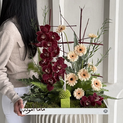 My world II - An arrangement of cymbediums with gerberas and Riccio Caprese diffuser with your choice of name
*write the desired name in the message box
*Flower color and kind may differ slightly based on availability
H64cm W 54cm