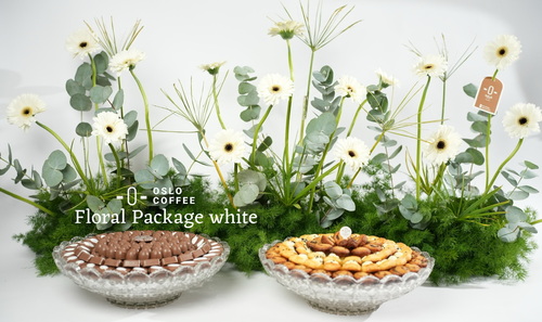 Floral Package white - A luxurious and versatile arrangement featuring a 75 cm tall red floral display, divided into three movable sections, paired with two elegant trays of Oslo’s premium chocolates and mini bakery selection — a perfect blend of beauty and refined hospitality for any special occasion. For custom item selections, please contact the store directly.