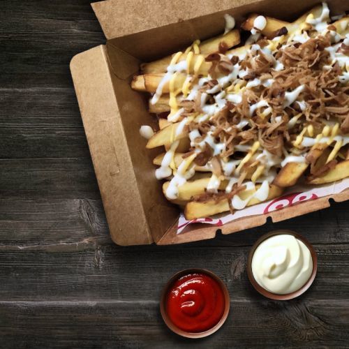 82GOURMIZZA - 82 Loaded Original Fries - Regular Fries, cheddar cheese sauce, garlic mayo or truffle sauce, crispy onion, barbecue sauce