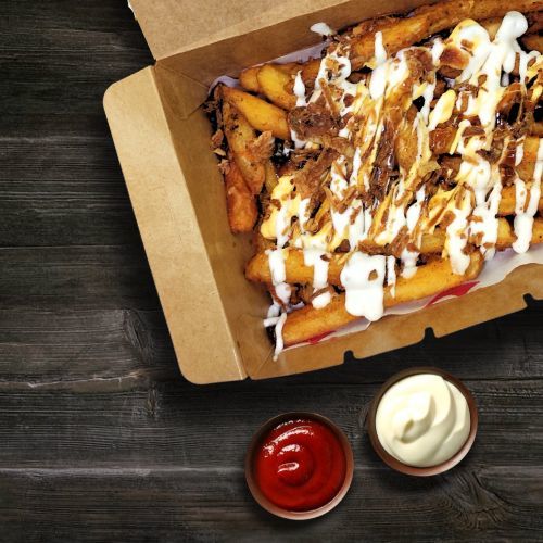 82 Loaded Crispy Fries - Crispy Fries, cheddar cheese sauce, garlic mayo or truffle sauce, crispy onion, barbecue sauce