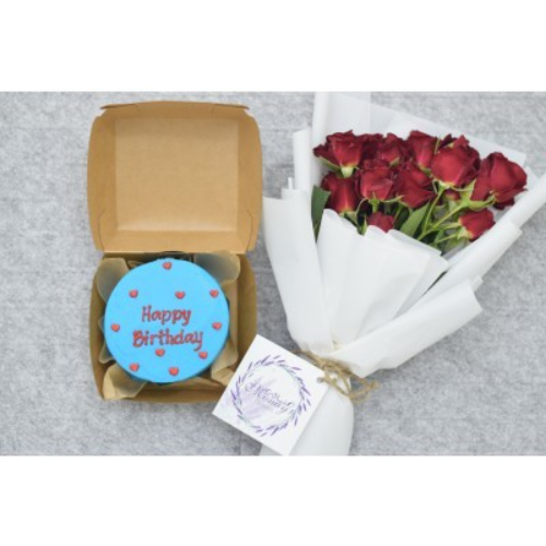 HB Blue cake & Red Roses - Lunch box cake size 4 inches for 2 persons with small bouquet from 6 stick red baby roses