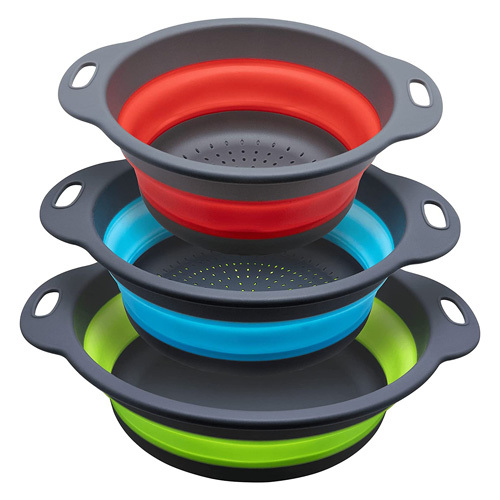 Collapsible silicone strainer 2pcs - Best colander set for your kitchen or outdoor - This round colander is used for draining most foods and vegetables Easy to Clean-The collapsible colander is made of eco-friendly rubber and healthy silicone plastic materials. It is resistant to beats, BPA-free, and has dishwasher security. Heat-Resistant up to 212° F/100°C.. Foldable and Space Saving Design - Ergonomic, space-saving design. Strainers are foldable, You can store this colander anywhere, by folding it below 2 inches, making the kitchen tidy.. Two Sizes-2 collapsible colander drain baskets, which can be hung on the wall or in other places, they do not take up much-needed room in your kitchen cupboards. With 7.7 inches and 9.3 inches in diameter, it can handle two kinds of food at the same time..