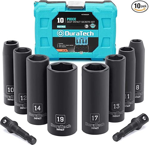 DURATECH 10-Piece Impact Socket, with Drive Deep Impact Socket - DURATECH 10-Piece Impact Socket Set, 3/8 Inch, Drive Deep Impact Socket Set with 2pcs 1/4-Inch Hexagon Extension Bars | Standard SAE Sizes