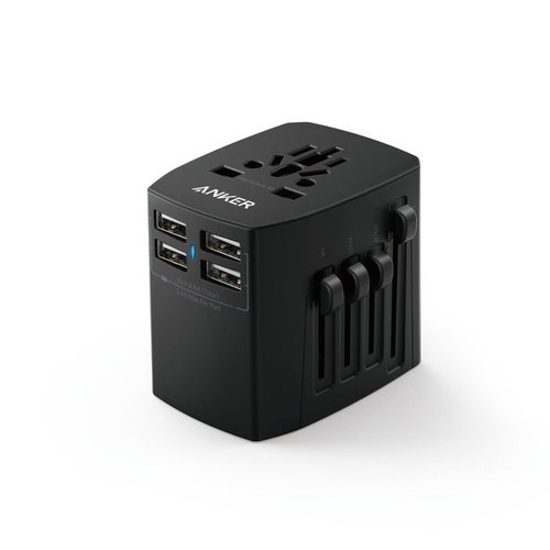 Anker Universal Travel Adapter with 4 USB Ports – Black - Advanced Charging Technology  
Exclusive to Anker, PowerIQ and VoltageBoost combine to ensure the fastest possible charge, whatever device you have. (Does not support Qualcomm Quick Charge). Ultra Powerful  
4 ports pump out 40 watts of power, enabling multi-device charging. Simultaneously charge two iPads and two iPhones at full speed! MultiProtect Safety System  
Surge protection, temperature control and more advanced safety features keep you and your devices safe. Rated DOE Level 6 for energy efficiency. 
Awarded the US Department of Energy’s highest possible energy efficiency rating (DOE 6). Specifications:
• AC Input: 100-240v-50-60Hz 8a
• Ac Output: 100-240v-50-60hz8a/880w at 110v/1840w at230v
• USB Output: 5v-4.8A (2.4A Max per port) What’s in the Box
• Anker Universal Travel Adapter with 4 USB Ports – A2730 – Black• User Manual
• Welcome Guide