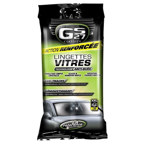 GS27 Lingettes Vitres - 35 pieces - No Streaks Insect Remover GS27 Classics® Window Wipes easily clean all glass surfaces, giving a perfect finish, improving visibility. Inside the car, they remove grease and prevent condensation. Outside, they remove insects and all kinds of dirt. Put the wipes away in the glove box, they allow you to easily clean your windscreen at any time. 35X -  XXL MADE IN FRANCE