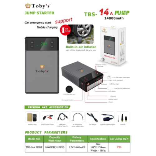 TOBY'S CAR JUMP STARTER & AIR PUMP - - jump starter - air pump - 12v - charging time 5-6 - capacity 14000 mAh - USB-C  - wight 11kg - MADE IN CHINA