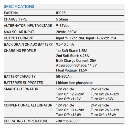 PROJECTA IDC25L Smart Extra Battery CHARGER (LITHIUM-TECH)