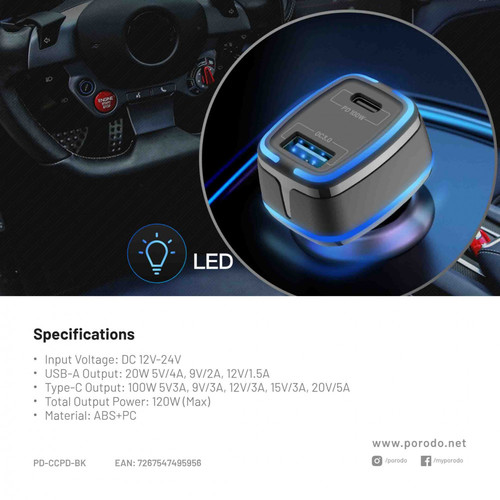 PORODO 120W DUAL PORT CAR CHARGER PD 100W WITH TYPE-C TO LIGHTNING CABLE -BLACK