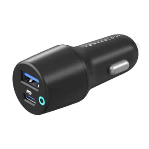 Powerology 38W Ultra-Quick Dual Port Car Charger – Black - Fast Charging 0%-60% in 35 Minutes Charge Your Devices on the Go USB-C To USB-C (0.9m/3ft) 20W PD Fast Charger 18W USB-A Output PowerDash 3.0 LED Indicator