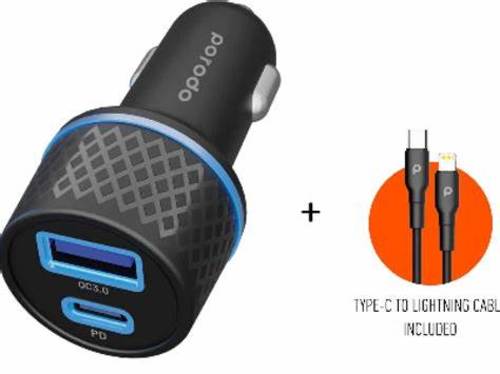 PORODO 44.5W DUAL OUTPUT FAST CAR CHARGER WITH TYPE-C TO IOS CABLE - – Model: PD-CPDCTL-BK – TYPE-C Output :22W – USB-A Output: 22.5W. – Total Output: 44.5W. – 20W USB-C TO IOS Cable Included. – Material: ABS+PC.