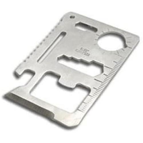 Stainless 11 in 1 Multi Tool Card - Description: This Mini survival tool is ideal for camping, hiking, backpacking,hunting,trail riding, or a great backup tool in case of emergency or need. Keep it in your wallet for that extra tool you know will come in handy! 
 
 Specifications: Material: 420 high quality stainless steel Size: 2-3/4 x 1-3/4 x 1/16 Weight: 1 ounce Hardness: 55HRC 
 
 Functions: Can opener Knife edge Screwdriver Ruler Bottle opener Butterfly screw wrench 2 position wrench Saw blade Direction auxiliary indication 4 position wrench Key chain hole