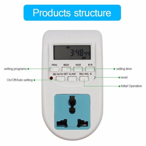 220V LCD Digital Timer plug - Min Setting Time: 1 Minute
Max Setting Time: 168 Hours
Operating Temperature: -10 to +40?
Accuracy: +/-1minute per month
Battery Backup: Ni-Mh 1.2V 80mAH
Size: (L)X(W)X(H) 6X8X11cm/2.36''X3.15''X4.33''(appr.) 
 Features:
Easy to set-up and use.
Compact, streamlined design.
Large buttons to use conveniently.
Working light power indicator clearly.
Energy-saving electronic timer programming.
The timer has a total of 16 ON/OFF programs.
Large LCD screen, more reasonable, more intuitive.
Manual on/auto/off can make settings as required very easily.
High conductivity copper, nickel plating, anti rust, copper structure optimization design, longer service life.
Hidden keys, can prevent misoperation caused by wrong operation, also can avoid extrusion during transport.
Multifunctional: can be applied to water heater, aquarium feed, outdoor music fountain, street lamp control, etc.
15 combinations of day or blocks of days are available for the timer.