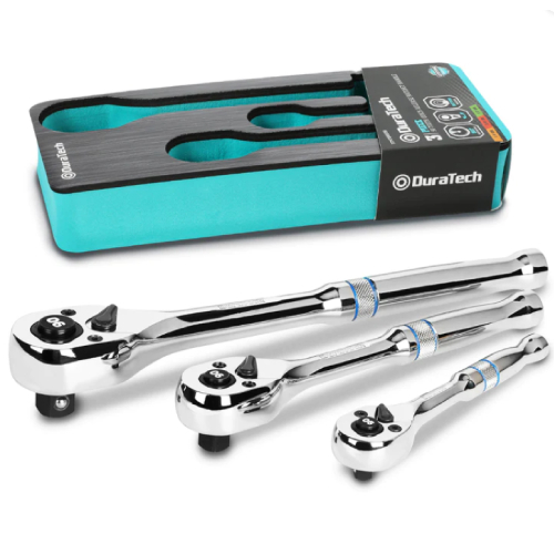 DURATECH 3-Piece Socket Wrench with EVA Organizer - Material: Chrome Alloy Head Style: Fixed Square, Hex Finish Type: Polished Item Weight: ‎‎3.08 pounds Color: Silver, Blue, Black Includes: 1/4 inch, 3/8 inch and 1/2 inch drive