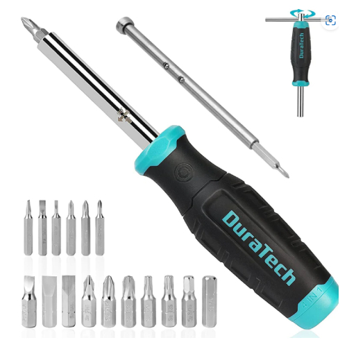 DURATECH 18-in-1 Multi-bit Screwdriver Set - Compact DesignThe multi-bit screwdriver holds a retractable shaft that quickly and easily converts into a T-bar handle or a precision screwdriver.Comfortable HandleCurved handle made of dual material provides excellent torque and maximum comfort.Perfect all-in-one toolThe screwdriver set is suitable for professional repair as well as home repair work, and can be used to repair small parts, watches, glasses, electronics.Includes16PC S2-steel Bits - #1, #2, #3, #0, #00 and #000 Phillips, 1/4-Inch, 3/16-Inch 9/32-Inch, 1/16-Inch, 3/32-Inch and 1/8-Inch Slotted, T10 and T15 Torx, and 3/16-Inch and 1/4-Inch square.