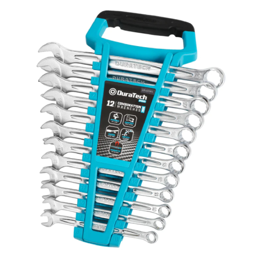 DURATECH 12-Piece Combination Wrench Set - Material: Chrome Vanadium Steel Head Style: Hex Finish Type: Polished Operation Mode: Mechanical Item Weight: 3.96 pounds Metric Size: 8mm,9mm,10mm,11mm,12mm,13mm,14mm,15mm,16mm,17mm,18mm and 19mm SAE Size: 1/4