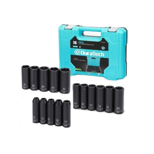 DURATECH 1/2 Inch Drive Deep Impact Socket Set 16 Piece - Durable - Constructed of heat-treated chrome vanadium steel with a professional-grade, black phosphate finish for anti-oil, anti-rust, which is a type of alloyed tool steel with great strength and durability for high-intensity long-term work. Professional Details - The 6-Point hex socket design avoids round-off deterioration caused by impact and electric wrench under high torque and hammer pressure. Sturdy Case - The sockets set are stored in a sturdy, strong blow molded case. Each socket or extension bar has its own place inside the case, which makes it very easy to find and organize. Laser Etched Size - High-contrast and visible laser-etched markings on corrosion-resistant black phosphate finish make it easy to identify socket sizes, specs, and measurements even in dim light. What You Get - 16 PCS metric size sockets: 10 mm, 11mm, 12mm, 13mm, 14mm, 15mm, 16mm, 17mm, 18mm, 19mm, 20mm, 21mm, 22mm, 23mm, 24mm, 25mm. All these items are packed in a robust case.