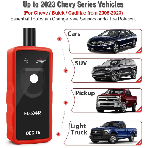 Reset Tool for Auto Tire Pressure Monitor System Sensor - JDIAG EL-50448 TPMS Relearn Tool for Auto Tire Pressure Monitor System Sensor Activation TPMS Reset Tool OEC-T5 for Buick/Chevy/Cadillac Series Vehicles 2023 Edition
 About this item【2023 UPDATED EL50448】EL50448 TPMS relearn tool is an essential tool of replacement tire pressure sensor, tire pressure alarm remove or exchange tires. The upgraded EL50448 is more energy-saving, it is faster, stronger and more sensitive than other TPMS Relearn Tool.【WIDE VEHICLE COVERAGE】Works on most Vehicles (Chevy / Buick / Opel / Cadillac etc., from 2006-2022, Cars, SUV, Pickup) equipped with 315 or 433 MHz Tire Pressure Monitor system (TPMS) sensor.【EASY TO USE】EL50448 can help you reset all tires much easier just with 3 steps. Ensure that the vehicle is in the TPMS Learn Mode, and follow the service procedure. Hold tool against the sidewall of the tire, near the valve stem. Depress Learn button while holding the tool against the tire sidewall.【SAVE TIME&MONEY】Tire pressure monitor sensor activation tool is simple and fast ,activates the individual TPM sensor with the press of one button easily within 1-2 Mins.Save your almost 20-80$,.Much better than going to the dealer or a tire store just to get your pressure sensors reset.【FRIENDLY TIPS】1. When using EL50448, please make sure antenna in correct position. 2. Please make sure the 9v battery in good condition. 3.For Different vehicle EL50448 may need different times to reset all of your tire sensors after rotation. 4. 12 months guarantee, please feel free to contact us if you have any trouble during use.