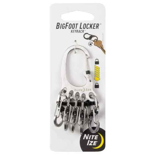 NiteIze BigFoot Locker® KeyRack™ Stainless Steel - Stainless - -A better way to hold your keys: This keychain has a stainless steel body with a built-in locking carabiner and features five stainless steel locking S-folders to securely hold, attach, and remove keys.

-HIGH QUALITY STAINLESS STEEL CONSTRUCTION - This keychain is steel through and through, from the body of the carabiner clip to the toes holding the five s-files to the doors on all of them, they are high quality stainless steel quality, they are built for all the abuse your keys can take.

-ATTACHES AND REMOVES KEYS WITHOUT SPLIT RINGS: With the included MicroLock Double Door S-Folders, one side clips onto your key ring while the other clips onto your key - no
need for frustrating split rings.

-Locking S-folders, secure with a simple twist: stainless steel micro-locks securely hold up to three keys and doors lock into place with a simple twist of the center lever

-Holds up to 15 keys – each MicroLock S-folder can hold up to three keys.