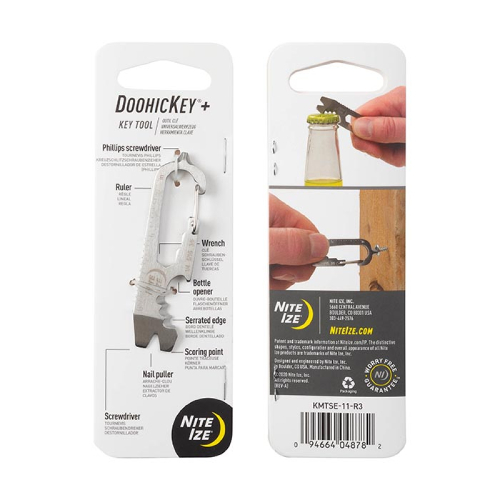 NiteIze DoohicKey®+ Key Tool - Steel color - PRODUCT INFORMATION
Expanding on the ingenuity of the original, the DoohicKey+ amps up the included tools and features to provide upgraded utility and versatility. From pulling nails to tightening bolts, cutting boxes, and cracking open a cold one after a long day, the DoohicKey+ does it all. With an integrated nail puller/staple remover, serrated edge, scoring point, and flathead screwdriver on one end, you can tackle minor tune-ups around the house. Meanwhile, the other end packs in a Phillips head, ruler, wrench, and bottle opener for on-the-go measuring and fixing, with a carabiner clip to bring it all together and allow for easy carrying. With a DoohicKey+ on your side, you'll be the first to say, 