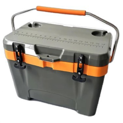 ice box portable refrigerator for safekeeping, with a capacity of 26 liters (green and orange) - A portable refrigerator for safekeeping, with a capacity of 26 liters, with many specifications, a ruler, places for cups, a screwdriver to open the bottle covers, high-quality rubber locks