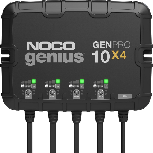 NOCO Genius GENPRO10X4, 4-Bank, 40A (10A/Bank) Smart Battery Charger - About this item Meet the GENPRO10X4 - Similar to our GEN4, only better. It's 10% smaller and delivers 33% more power. It's one of the best performing onboard marine battery chargers we have ever made. Multiple banks - A four-bank onboard battery charger rated a 40-amps - 10-amps per bank - for 12-volt batteries, including marine, boat, starter, and deep-cycle batteries. Charging modes - Independently charge and control each battery bank with selectable charging modes - including 12V, 12V AGM, 12V Lithium, and 12V Repair Mode - for all types of lead-acid and lithium-ion batteries. Enjoy precision charging - An integrated thermal sensor detects the ambient temperature and alters the charge to eliminate over-charging in hot climates and under-charging in cold climates. Charge dead batteries - Charges batteries as low as 1-volt. Or use the all-new force mode that allows you to take control and manually begin charging dead batteries down to zero volts.