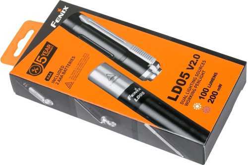 Fenix LD05 Pen Torch - Features:Crafted from aerospace-grade aluminum alloy with hard-anodized finish Stainless steel head, tail switch, and pocket clip Optimized optical lens Warm white light appears very similar to sunlight High CRI LED appears for better color rendering, ideal for medical inspections Ultraviolet LED can be used to detect fluorescent materials, check ids, etc. Easy-to use-tailcap switch turns light ON/OFF, accesses all 4 outputs Built-in pocket clip for easy carry Digitally regulated output for constant brightness output Reverse polarity protection prevents damage caused by improperly inserted batteries Included Accessories:2 x Alkaline AAA Batteries 1 x Spare O-RingSize Length - 135mm / 5.3 inches Diameter - 13.5mm / 0.53 inches Weight (excluding batteries) - 29.7g / 1.04 ouncesWhat's Included:1 - Fenix LD05 V2.0 2 - AAA Batteries 1 - Spare O-ring 1 - User Manual 1 - Warranty Card 1 - Product LeafletSpecifications:LED: CREE XQ-E HI LED (CRI=90) Power Source: 2 x AAA (Alkaline or NiMH) (Alkaline Included) Peak Beam Distance: 54 meters (177.2 ft.) Peak Beam Intensity: 730 cd Brightness Outputs (Using 2 x Alkaline AAA):High - 100 Lumens - 1 Hour 40 Min. Medium - 25 Lumens - 7 Hours 50 Min. Low - 5 Lumens - 70 Hours Ultraviolet - 200 mW - 9 Hours Brightness Outputs (Using 2 x NiMH AAA):High - 100 Lumens - 2 Hours 10 Min. Medium - 25 Lumens - 6 Hours 40 Min. Low - 5 Lumens - 36 Hours Ultraviolet - 200 mW - 7 Hours IP Rating: IP68 (Dustproof, waterproof and submersible up to 2 meters) Impact Resistance: 1 meter (3.28 ft.) Dimensions:Length - 5.31