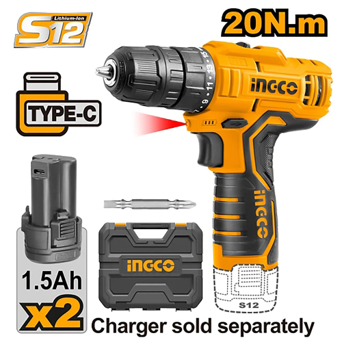 Fast Fix Store - ingco Impact Cordless Drill - Lithium-ion Impact Cordless Drill Voltage: 12V No Load Speed: 0-400/0-1500rpm Max Impact Rate: 22500bpm Max Torque: 20Nm Chuck capacity: 0.8-10mm Torque Setting: 18+1+1 Mechanical Speed 2-speed gear Charger Volt: 220-240V~50/60Hz Integrated LED work light, Includes: 1Pcs Cr-V 65mm bit,3pcs masonry drill bits Includes: 2pcs 1.5Ah battery pack(FBLI12153) Batter charging port USB Type C Charger Sold Separately Packed by plastic box