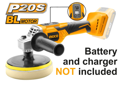 Angle Polisher Li-Ion - Ingco Cordless Angle Polisher 20V POWERSHARE Model: APLI2001 Voltage:20V Brushless Motor No-load speed:500-2800/min Bottom bass:150mm Note : Battery and Charger are not included For charger, you may look for model : FCLI2001 For battery pack , you may look for model :FBLI2001 ONE BATTERY FITS ALL INGCO 20V MULTIPLE TOOL Heavy Duty & High Quality 6 months service warranty