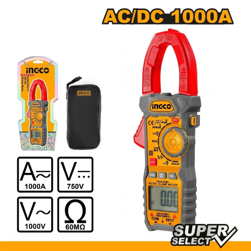 DC/ AC Clamp Meter - DC/ AC Clamp Meter 6000 counts Data Hold AC Current: 60A/600A/1000A±(2.5% +8) DC Current: 60A/600A/1000A±(2.5% +8) Voltage AC: 60mV/600mV/6V/60V/600V±(0.8% +3) 750V±(1% +4) DC Voltage: 60mV/600mV/6V/60V/600 V±(0.7% +3) 1000 V±(0.8% +2) Resistance: 600?/6k?/60k?/600k?/6M?±(0.8% +3) 60M?±( 1.2% +3) Capacitance: 10nF/100nF/1000nF/10?F/100?F/1000?F/10mF/100mF±(4.0% +5) Temperature: -20~1000? (-8~1832°F) Non-contact voltage detection Diode test LCD with backlight low battery indication, Auto power off With flash light function Packed by double blister