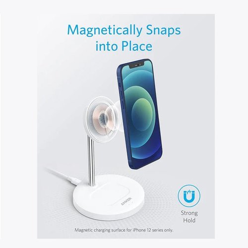 ANKER 2 IN 1 MAGNETIC WIRELESS CHARGING STAND - Snap-and-Secure Wireless Charging Stand . Double Duty with 5V / 2.4A output . Provides 7.5W max charging for the iPhone • Charge 360 Degree vertically or horizontally . Up to 40 degrees viewing angle • Visible LED indicator Charging Status Powered by USB-C Cable