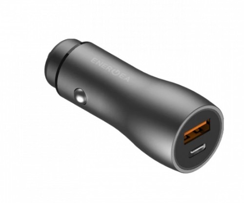 ENERGEA ALUDRIVE D36 - A sleek and compact car charger made partly with aluminum, AluDrive D36 is equipped with Power Delivery, AmpSmart Technology and can charge up to 2 devices at the same time. Aluminised body Total Power: 36W, USB-A Output: 3.6-6V=3A, 6-9V=2A, 9-12V=1.5A (QC3.0) USB-C Output: 5V=2.4A, 9V=2A, 12V=1.5A (PD) Supports 18W Power Delivery AmpSmart Technology detects devices' power needs to deliver fastest charge All-round circuit protection