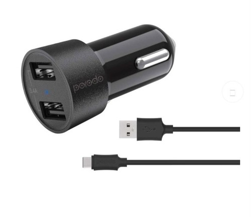 Porodo Dual USB Car Charger 3.4A with Type-C Cable 4ft. - White - Introducing the Porodo Dual USB Car Charger 3.4A with Type-C Cable 4ft – your perfect travel companion for staying charged up on the road!This car charger has two USB ports, each delivering a fast 3.4A output, ensuring quick charging for your devices, whether it's a phone or tablet.  Plus, it comes with a 4ft long Type-C cable, extending up to 1.2 meters, making charging convenient and hassle-free. All in all, the Porodo Dual USB Car Charger is a must-have for on-the-go charging, with dual USB ports, fast charging, and an included Type-C cable. Stay powered up effortlessly with Porodo.