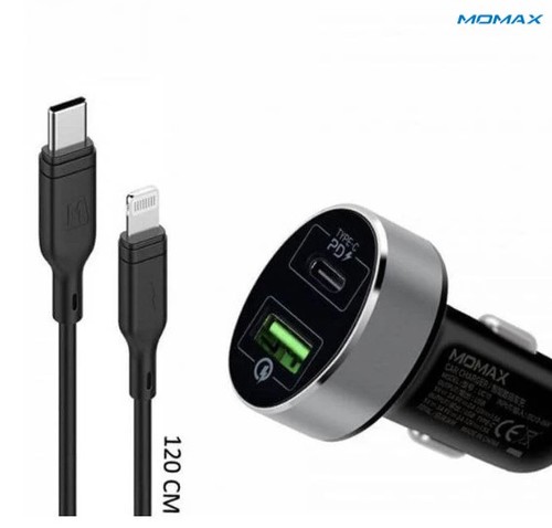 Momax 2in1 USB-C PD Car Fast Charger With Lightning Cable - 20W / USB-C - SpecificationsBrandMomaxModelMomax 2in1 USB-C PD Car Fast ChargerProduct TypeCar ChargerColorBlackConnector1x USB, 1x USB-CInputDC12-24WOutput 15V/3A, 9V/2A, 12V/1.5A (Qualcomm Quick Charge 3.0)Output 25V/3A, 9V/2A, 12V/1.5A (USB-C PD)Total Output20W