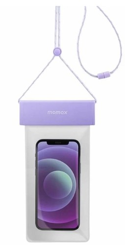 Momax waterproof pouch universal with neck strap (SR25) - Purple - Enjoy carefree water activities IPX8 waterproof rating, can be immersed in the depth of 1 meter. It can be put into a 7-inch screen size smart phone or other small accessories