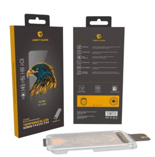 LIBERTY GUARD SCREEN PROTECTOR (CLEAR) (IPHONE 15 PRO) - DESCRIPTIONLiberty Guard Black Edge Clear Triple Reinforced Glass With Installation Kit 
 - Pass 8000 Rounds =16000 Times Friction Test, surface water angle≥115° before friction ,≥105° after friction  - 64G Ball Drop Test  180cm  - Edge Pressure over 25KG - Transparency rate ≥92% - 9H Hardness - 2.5D Round Edge - Japan AB Glue - Vacuum Space Electroplate Coating - Japan Asahi Tempered Glass - Super Strong Edge With Anti-static Function