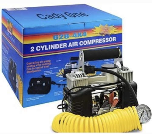 2 Cylinder Air Compressor - Double barrel design for higher and more consistent output. Small and portable, it can be stored anywhere with minimal impact and footprint. Multiple power options, 12V car outlet or battery clips for direct connection to car battery. Pressure gauge to monitor tire pressure and coiled tubes for a compact design. The most powerful portable Air Compressor in it’s class,with a huge 50 Ipm @ 30 psi Will easily pump a 10.15 off-road tyre from 15 psi to 32 psi in 1 minutes and then comfortably continue to do so for five of your mate’s vehicles as well,before there is a chance of the thermal shut down switch kicking in. Unit can be permanently mounted and hard wired if desired. SPECIFICATIONS 
 Max Air Flow: 85 litres/min Max Amperage : 30 A Max Pressure output: 150 PSI Working voltage : DC12V~13.8V Ambient Temp : 50° C~60° C Max duty cycle time: 40 mins @ 40 psi 24°C