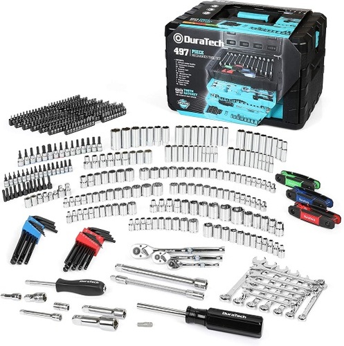 DURATECH 497-Piece Mechanics Tool Set - [Storage Toolbox Included] - This Tool kit comes with a sturdy 3-drawer toolbox, the case stamped with size markings for easy identification and organization. Its sturdy interiors and organizers keep all tools in place